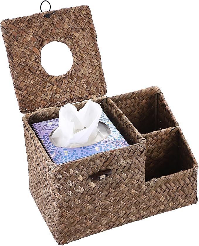 Sumnacon Square Woven Tissue Box Cover - Decorative Cube Tissue Box Holder with Side Organizer, Rustic Seagrass Tissue Box for Living Room Vanity Night Stand Table Countertop Office,Coffee