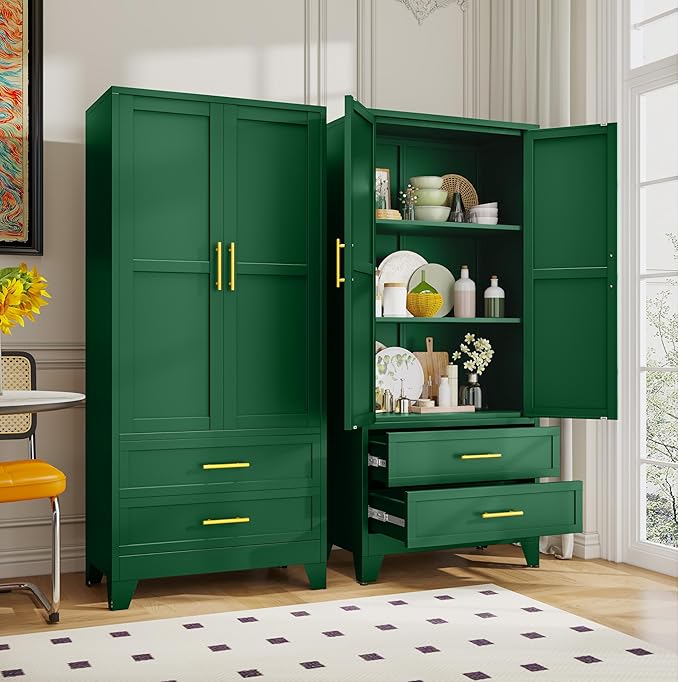 71" Tall Metal Pantry Cabinet, Steel Storage Cabinets with 2 Doors, 2 Adjustable Shelf and 2 Drawers, Used as Kitchen Cabinet, Freestanding Cupboard for Kitchen, Office, Living Room (Green)