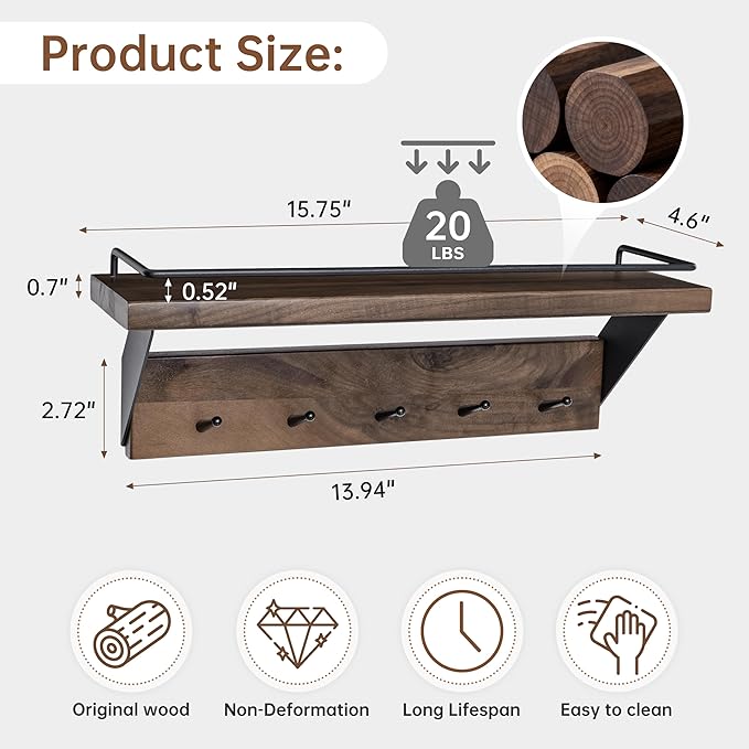 Coat Rack Wall Mount with Shelf - Natural Walnut Wall Shelf with Hooks, Entryway Floating Shelves with 5 Hooks and Metal Frame for Bags, Hats, Kitchen, Living Room, Bedroom