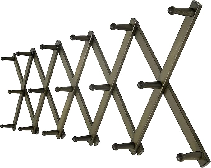 Dseap Accordion Wall Hanger: 16'' High Wooden Wall Expandable Coat Rack,Hat Rack Holder,Accordion Hook for Baseball Caps,Coats,17 Peg Hooks,Dark Walnut