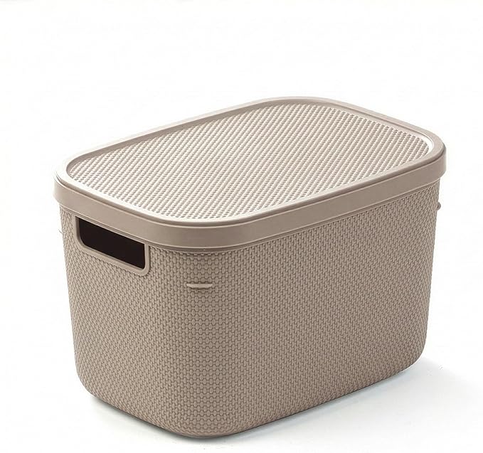 BINO | Plastic Storage Bins with Lids, 5.5 Liter - 3 Pack, Taupe | THE TWILL COLLECTION | Plastic Bins for Organization | Woven Storage Baskets for Organizing | Pantry Shelf Organizer Basket Bin