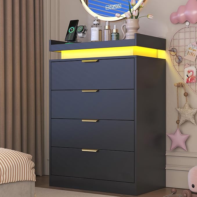 Black Dresser with LED Lights, Wooden LED Dresser, 4 Drawer Chest with Charging Station, Tall Chest of Drawer Closet Organizer for Bedroom, Living Room, Entryway, Hallway