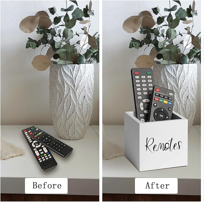 Wood Remote Control Holder, TV Remote Control Organizer for Home Bedroom Table, Multi-Purpose Desktop Storage (White, S,for 2 or 3 Remote Controls)