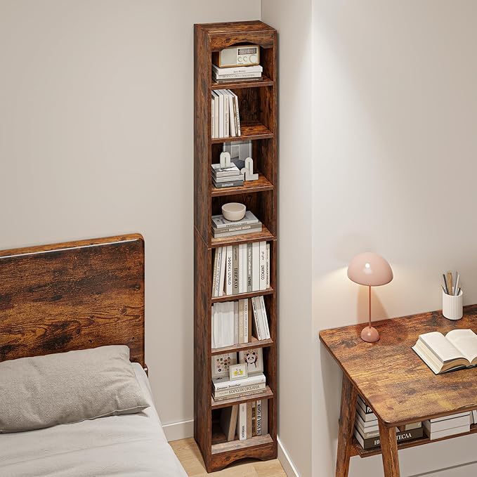 VECELO 6 Adjustable Shelf Narrow Storage Shelf - Elevated Dust-Resistant Base, Customizable Compartment Heights, Brown Display Shelf for Small Spaces