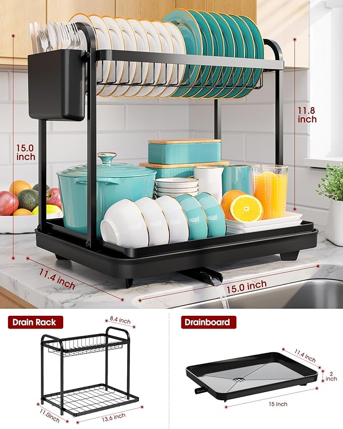 2-Tier Dish Drying Rack - Stainless Steel Dish Rack with Cutlery & Utensil Holders for Kitchen Counter, Sink Organization and Storage for Small Family, 15" W x 11.4" L x 15" H, Black