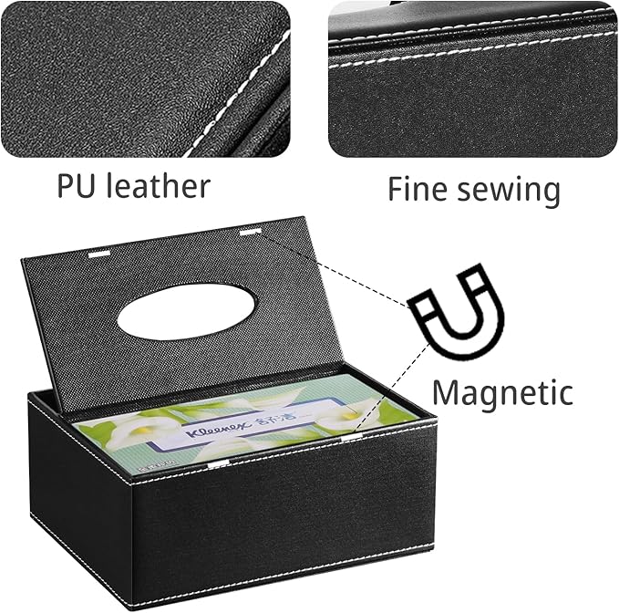 Leather Tissue Box Cover Rectangle,Compatible with Kleenex Box Covers,Facial Tissue Box Holder with Remote Control Holder,Decorative Nighstand Organizer,Tissue Dispenser for Bathroom Black
