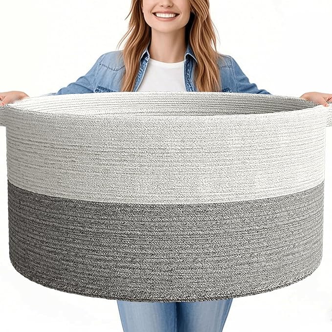 125L Extra Large Blanket Basket, 25" x 16", Jumbo Laundry Woven Basket Decorative Home, Cotton Rope Basket with Handles, Baby Toy Basket for Storage, White & Gray, 2PC