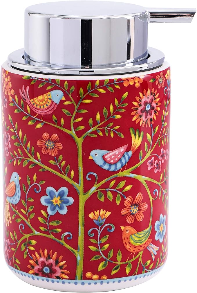 Bico Red Spring Bird Ceramic 12oz Soap Dispenser with Removable Pump, Ideal for Kitchen, Bathroom, Lotion and Essential Oil