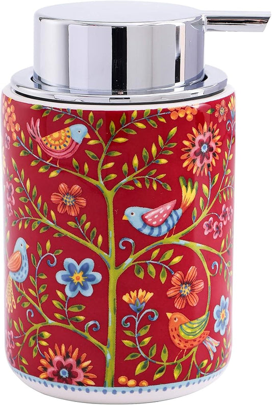 Bico Red Spring Bird Ceramic 12oz Soap Dispenser with Removable Pump, Ideal for Kitchen, Bathroom, Lotion and Essential Oil