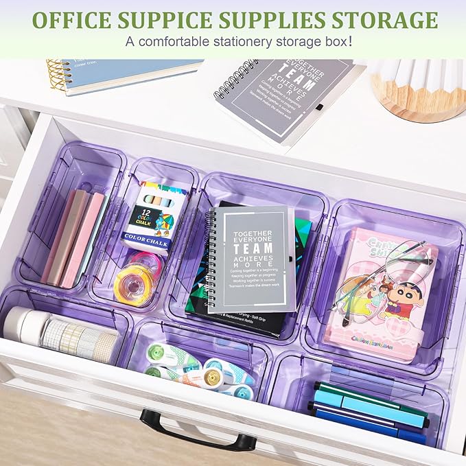 20 Pcs Adjustable Clear Drawer Organizer, All Extendable Vanity Storage Bins, Desk Drawer Organizer Set for Makeup, Cosmetics, Bedroom, and Gadgets, Purple