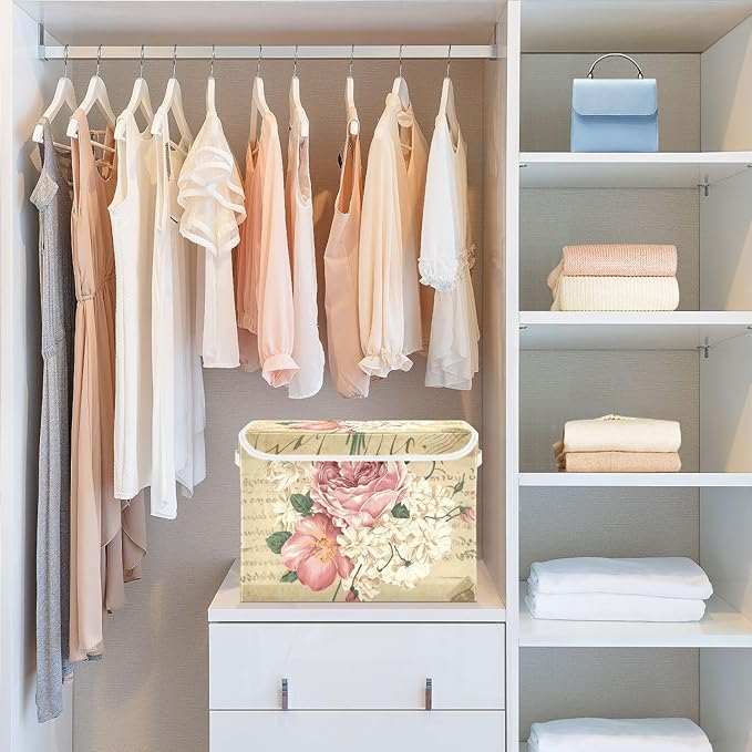 senya Flower Baskets Collapsible Storage Bins with Lids, Vintage Rose Floral Storage Boxes Clothes Baskets for Organizing