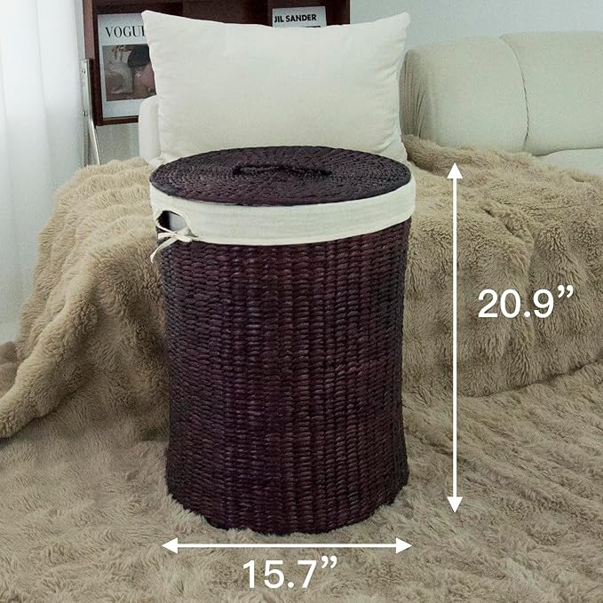 Hand-Woven Wicker Laundry Basket with Lid, 20 Gal (75 L) Large Laundry Hamper with Removable Liner for Laundry Room and Home Decor, Artisan Dark Coffee (21"H x 15.7"D)