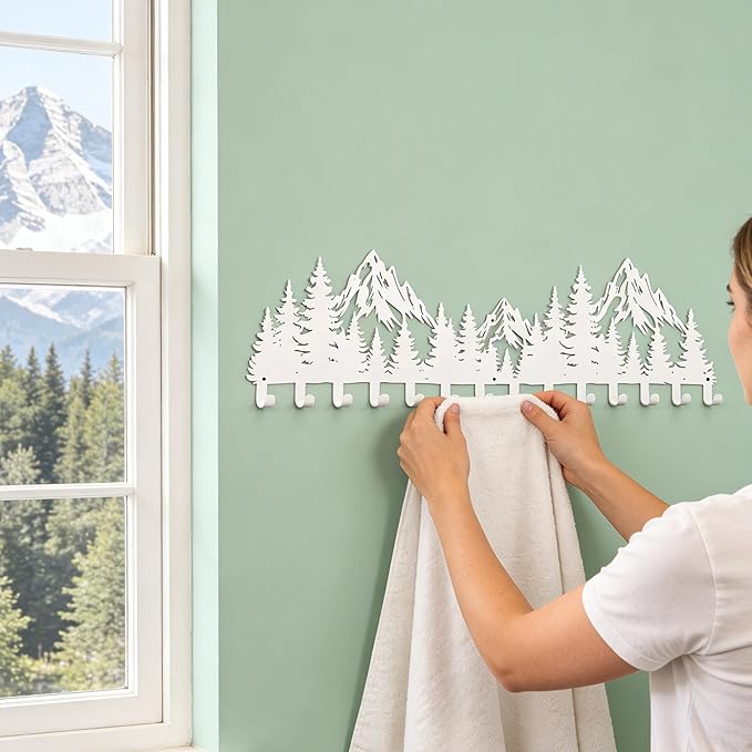 Large White Mountain Wall Mount with 14 Hooks, Decorative Forest Art Wall Hangerfor Cabin Entryway Front Door Bathroom Kitchen Office Home, Wall Mount Holder for Key Jacket Hat Bag Towel