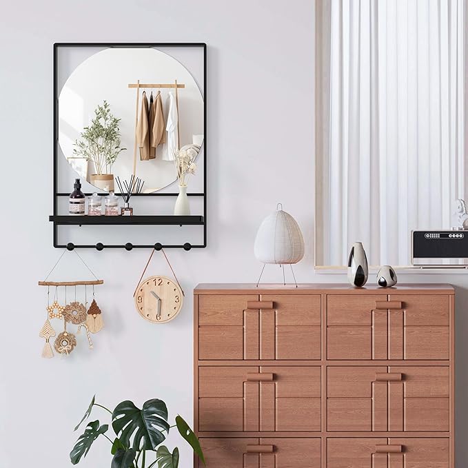 WONSTART Wall Mirror with Shelf and Hooks, 21" X 28" Metal Framed Bathroom Mirror with Shelf, Decorative Mirror for Bathroom, Entryway, Bedroom, Living Room (Black, 21 x 28)