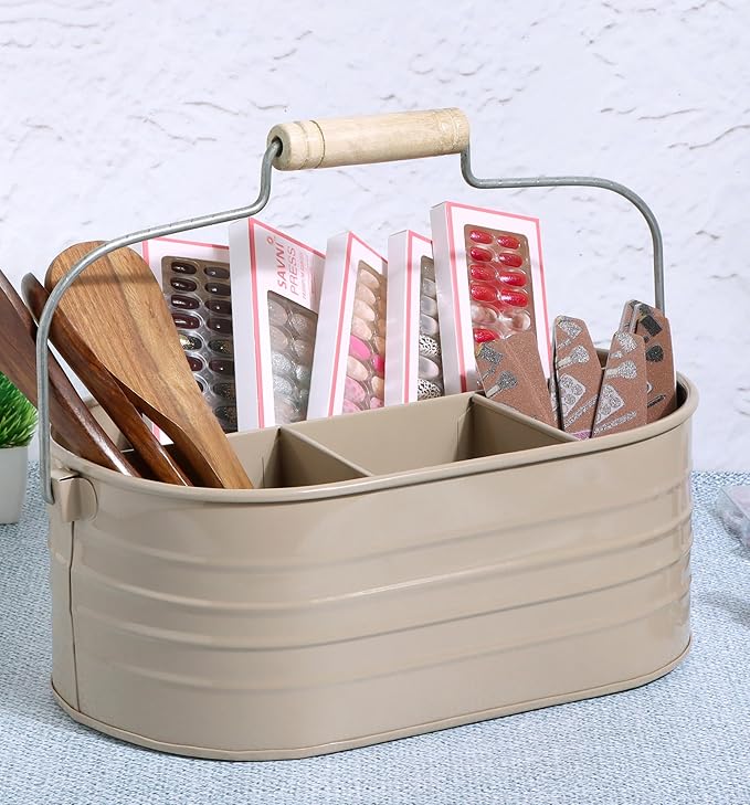 Alpha Living Home Multi-Functional Utensil Silverware Caddy – 4-Compartment Organizer for Kitchen, Party & Office – Durable Beige Powder-Coated Iron Alloy with Wooden Handle