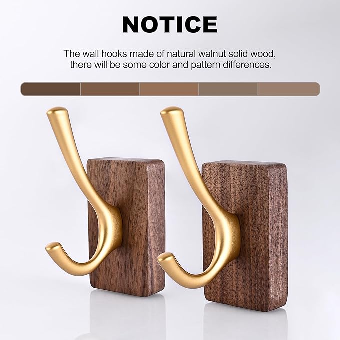 8 Pack Walnut Wood Wall Coat Hooks for Hanging, Adhesive Mounted & Wall Mount Heavy Duty Wooden Double Hook Hanger for Towel Backpack Hat Jacket Clothes Blanket Purse Robe Key Stain Gold Hook