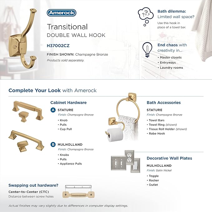 Amerock H37002CZ | Kinsale Double Prong Decorative Wall Hook | Champagne Bronze Hook for Coats, Hats, Backpacks, Bags | Hooks for Bathroom, Bedroom, Closet, Entryway, Laundry Room, Office