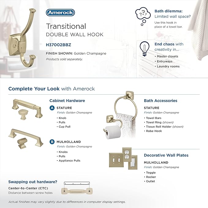 Amerock H37002BBZ | Kinsale Double Prong Decorative Wall Hook | Golden Champagne Hook for Coats, Hats, Backpacks, Bags | Hooks for Bathroom, Bedroom, Closet, Entryway, Laundry Room, Office