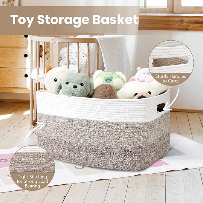 75L Large Blanket Basket, Woven Storage Baskets with Reinforced Handles, Rope Laundry Basket for Living Room, Bedroom, Nursery, Toys, Clothes, Pillows, 22â x 17â x 11.5â, White & Brown