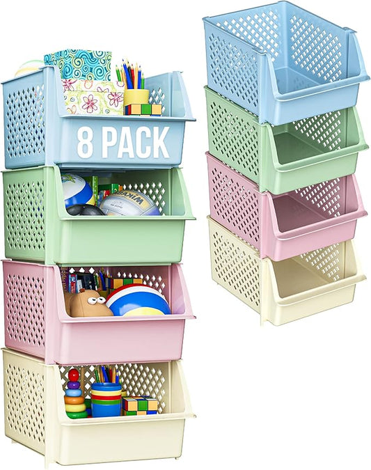 TidyFriend Stackable Storage Bins for Pantry - 8 Pack Stackable Bins for Organizing Food, Kitchen, and Bathroom Essentials (Multi)