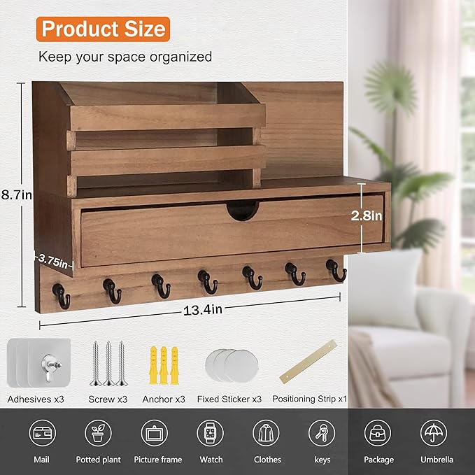 Key and Mail Holder for Wall, Mail Organizer Wall Mount with 6 Hooks and Storage Drawer, Wooden Key Rack Hanger with Shelf for Entryway and Home Decor