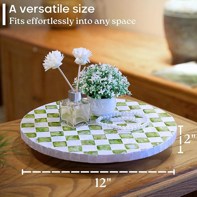 12" Checkered Lazy Susan for Tabletop, Handcrafted Mother of Pearl Turntable Organizer for Kitchen Counter, Coffee Table, Bathroom, Dining or Organizing (Pistachio Green)