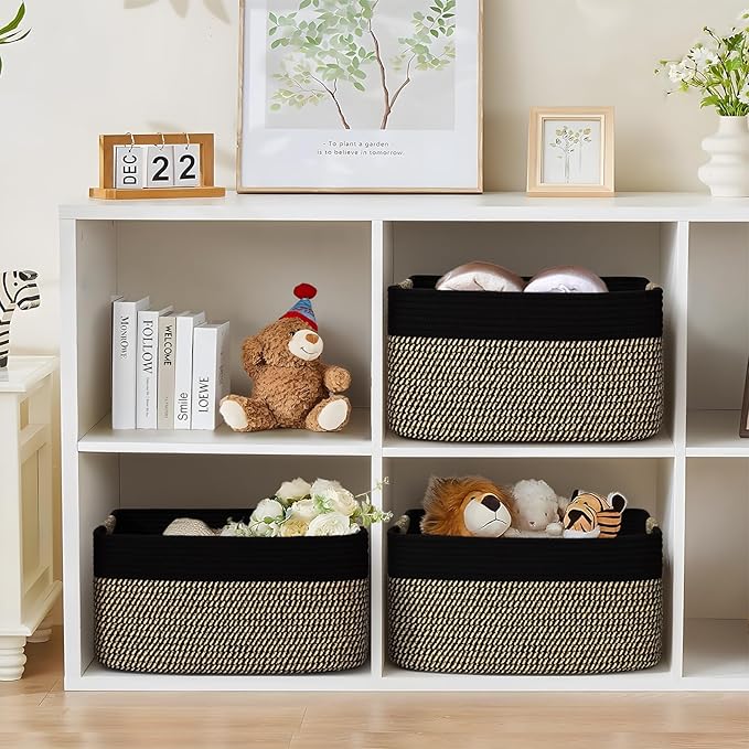 3 Pack Large Storage Basket for Organizing, 17.5"x13.5"x7.5" Woven Basket for Shelves, Closet Cube Storage Bins with Wrapped Handle, Cotton Rope Baskets for Kitchen, Clothes, Toys(Black & Brown)