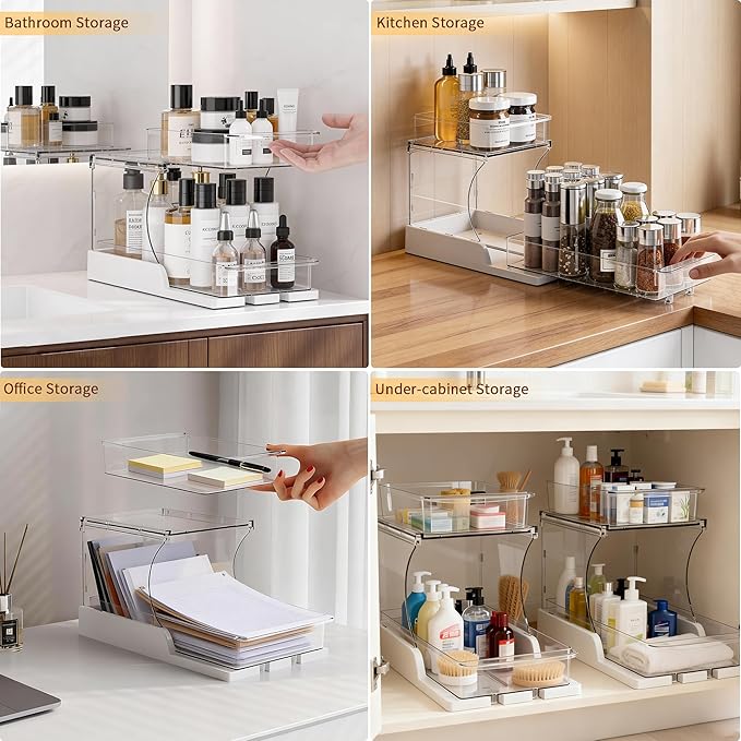 Attelite Pull Out Cabinet Organizer, 2 Tier Bathroom Counter Organizer with 180° Rotating and Foldable Design, Sliding Drawers Clear Spice Rack Organizer for Cabinet, Under Sink Organizer