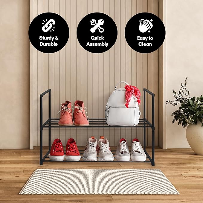 Americanflat 17x26.5 Shoe Organizer - 2 Tier Shoe Rack Storage Shelf with Sturdy Steel Frame - Ideal for Closets, Entryways, or Garages - Space-Saving Design and Easy to Assemble - Black