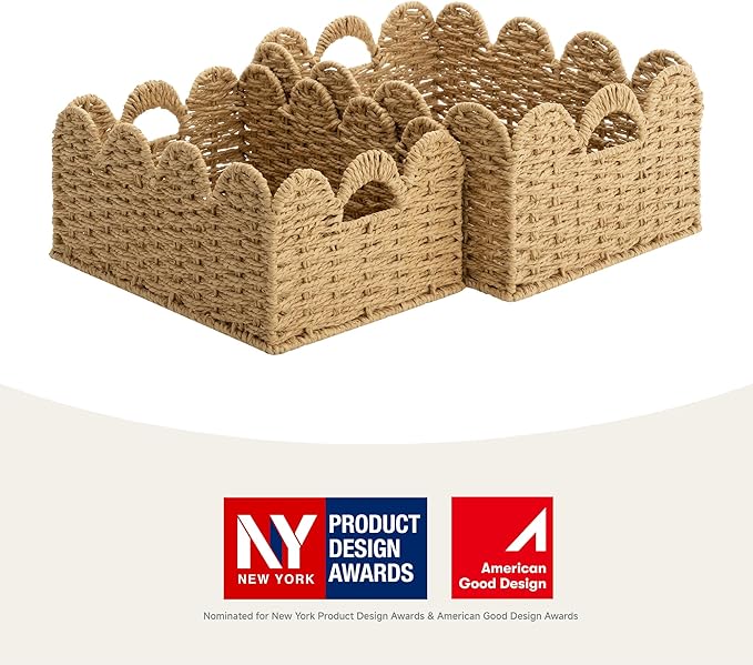 StorageWorks Scalloped Wicker Basket, Woven Baskets for Storage, Large Baskets with Handles, Paper Rope Basket for Organizing and Decor, 2 Pack