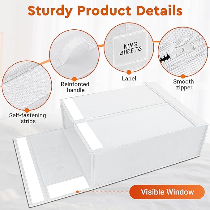 4 Pack Bed Sheet Closet Organizers and Storage,Sturdy Foldable Storage Containers with Window and Label,Storage and Organization for Bedding Sheets,Duvet Covers,Blankets (White)