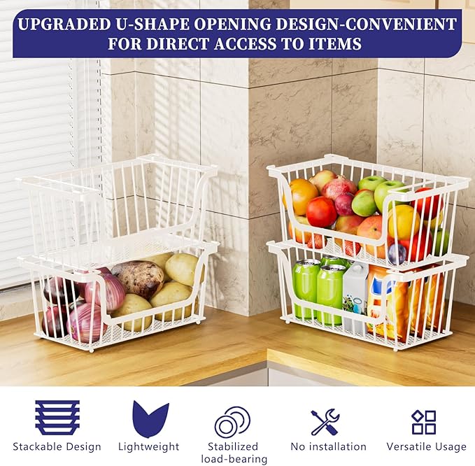 6 Pack Enhanced Leak-Proof Bottom Stackable Wire Baskets, Pantry Organizers and Storage, pantry storageï¼Shelf Baskets, Fruit Basket, Potato and Onion Storage Binsï¼(White)