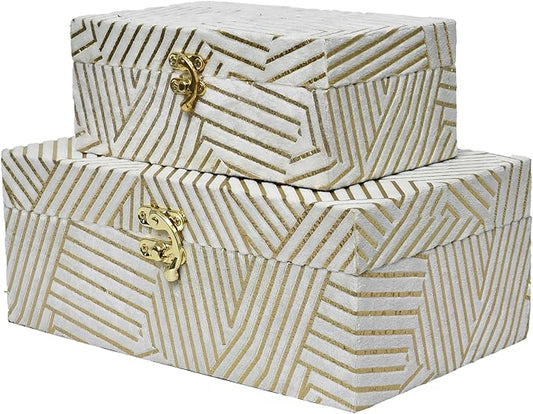 Velvet Decorative Boxes Storage Accessory Organizer with Gold Stripe Set of 2, White