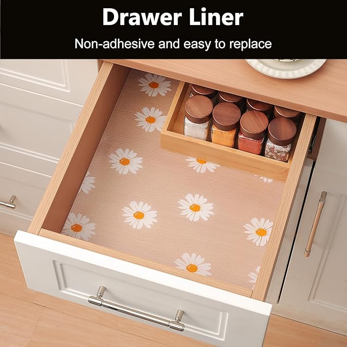 INNOLITES Shelf Liners for Kitchen Cabinets – Drawer Liner Waterproof & Oil-Proof, Non-Adhesive EVA with Floral Pattern – Durable Washable, Easy to Clean (Clean Daisy, 17.5" x 197")