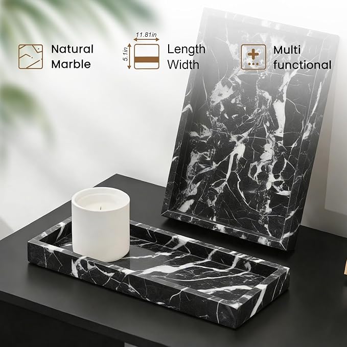 Natural Marble Tray, Stone Tray for Bedroom/Bathroom/Kitchen/Vanity Countertop, Jewelry Tray for Rings Earrings Necklace Bracelet Watch, Room Decor Aesthetic
