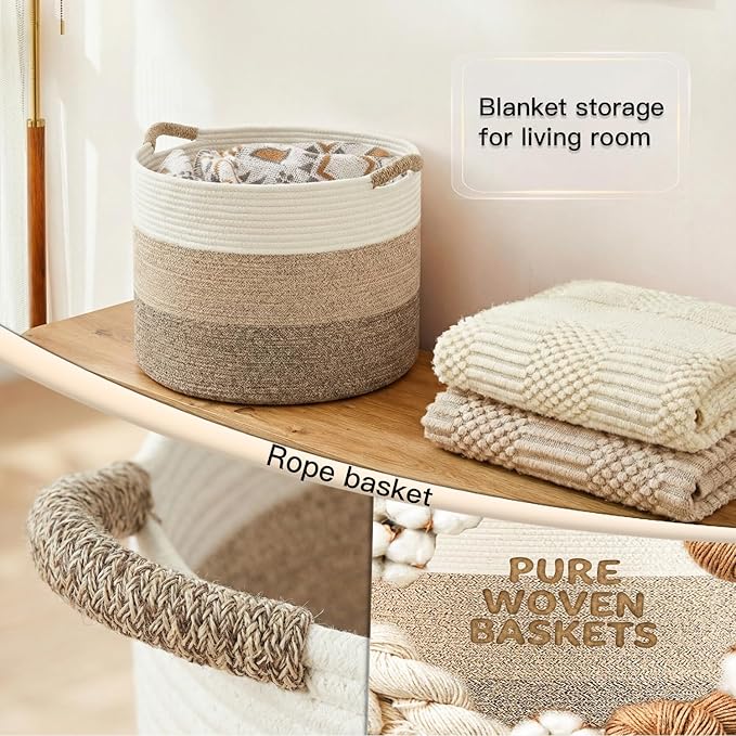 70L Large Cotton Rope Basket, Decorative Woven Blanket Storage for Living Room, Boho Toy Storage & Toy Box for Kids, Versatile Laundry Basket & Nursery Hamper for Blankets(BrownYellow)