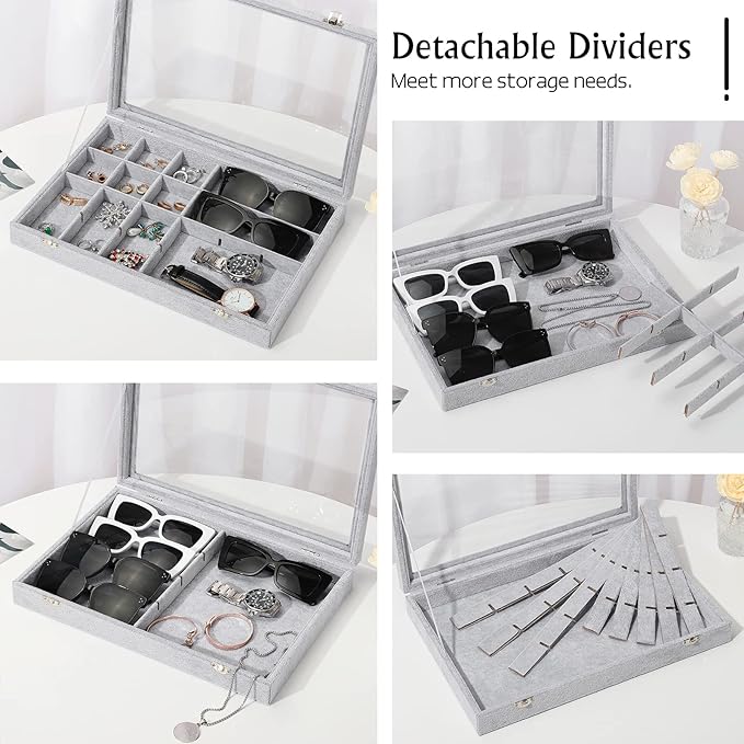 Emibele Velvet Jewelry Organizer Box, 24 Grids with Clear Lid Rings Earrings Bracelets Necklace Organizer Tray Showcase Display Jewelry Storage Case, Grey