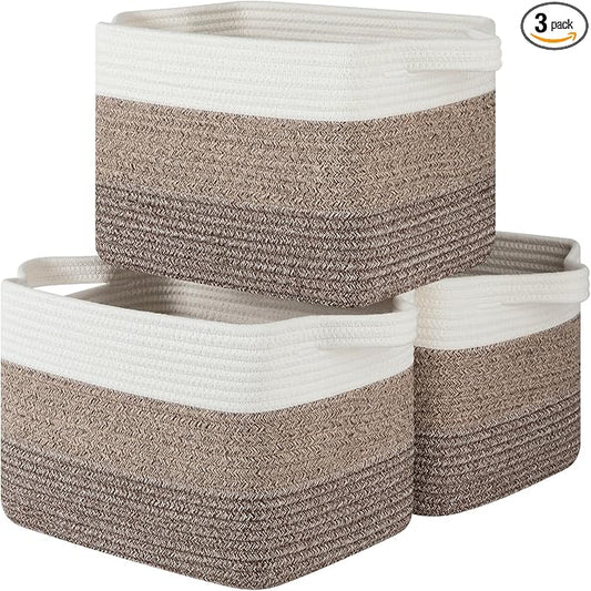 Storage Baskets for Organizing, Woven Baskets for Shelves, Rectangle Decorative Organizer for Storage Clothes, Toy, Books, Towels Nursery Bins 3 Pack (Gradient Dark Brown, 13"x9.85"x8.7")