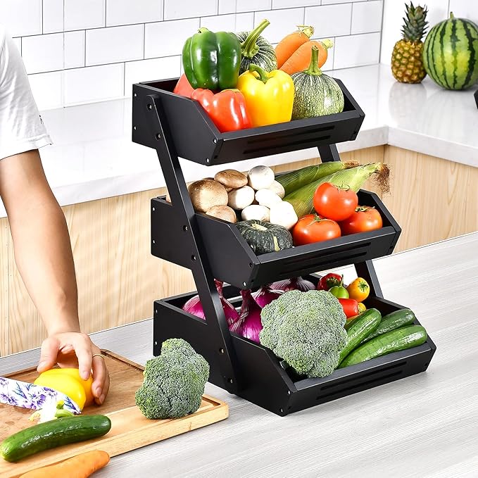 Fruit Basket, 3 Tier Bamboo Fruit Bowl for Kitchen, Fruit Vegetables Stand Storage Holder, Idea Home Kitchen Countertop Organizer