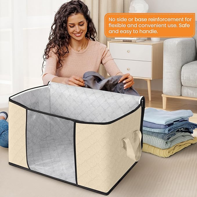 Fab totes 24 Gallons Clothes Storage, Foldable Thick Fabric Blanket Storage Bags, Containers for Organizing Bedroom, Closet, Clothing, Comforter, Organization with Handle (10 Pack,Beige)