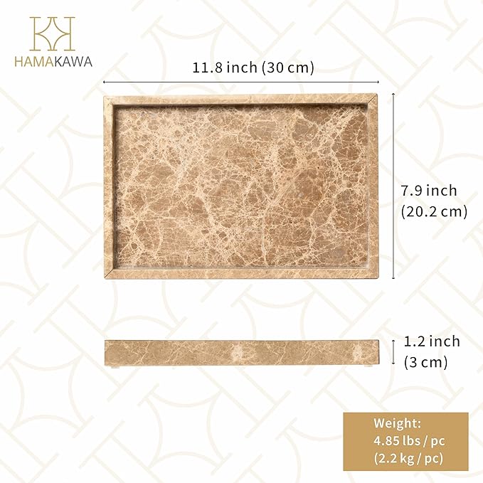 Large Bathroom Vanity Tray, Real Natural Marble Tray 12 inch, Emperador Light Marble Stone Toilet Tank Trays, Modern Dresser Trays, Countertop Organizer for Kitchen Counter, Soap Dispenser