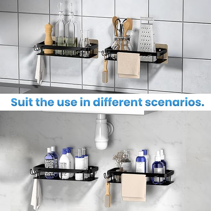 2-Pack Adhesive Shower Caddy – Rustproof Aluminum Black Shower Shelves with Towel Bars & Hooks, No Drill Bathroom Organizers and Storage, Anti-Tip Shower Organizer for Inside Shower
