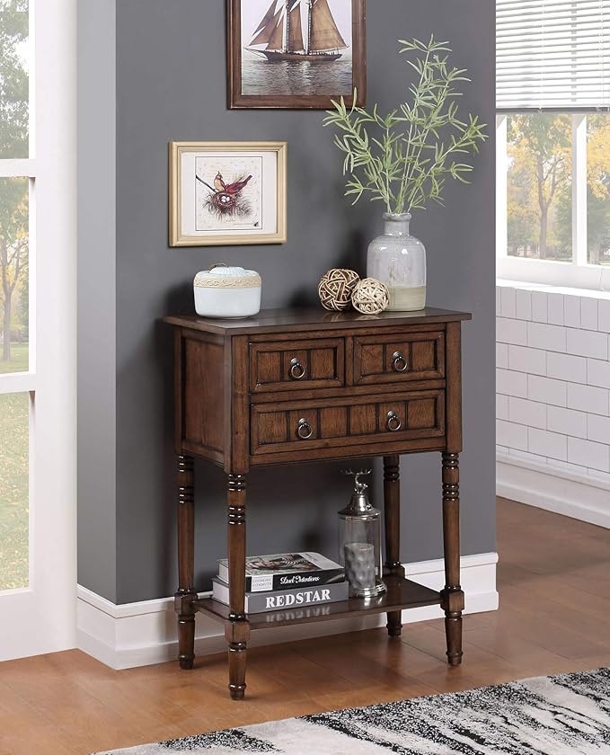 Convenience Concepts Kendra Entryway Hall Table 23.75" - 3 Storage Drawers, Traditional Console with Shelf for Decor, Office & Hallway Organizer, No Tools Assembly, Solid Wood Legs, Dark Oak