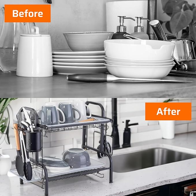 Farenheit 2-Tier Dish Rack for Kitchen Counter – Side Sink Large Black Dish Drying Rack with Utensil Holder, Sink Caddy & Cutting Board Organizer – Durable Stainless Steel Dish Strainer