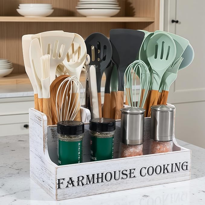 Kitchen Utensil Holder, Utensil Holder For Kitchen Counter,Extra Large Cooking Spatula Organizer,Farmhouse Wooden Big Storage Rustic Flatware Spoon Tool Organizer