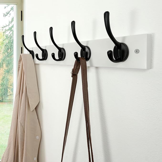 Dseap Wall Mounted Coat Rack: 16" Hole to Hole, Coat Hook Hanger with 5 Metal Hooks for Hanging Coats Towels Hats Clothes, White & Black, 2 Packs