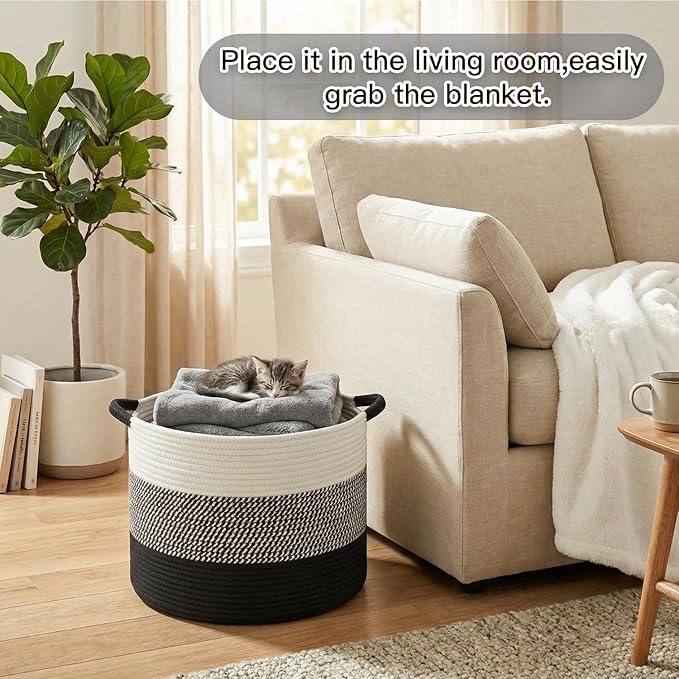 100L Large Cotton Rope Basket, Decorative Woven Blanket Storage for Living Room, Boho Toy Storage & Toy Box for Kids, Versatile Laundry Basket & Nursery Hamper for Blankets(Black)