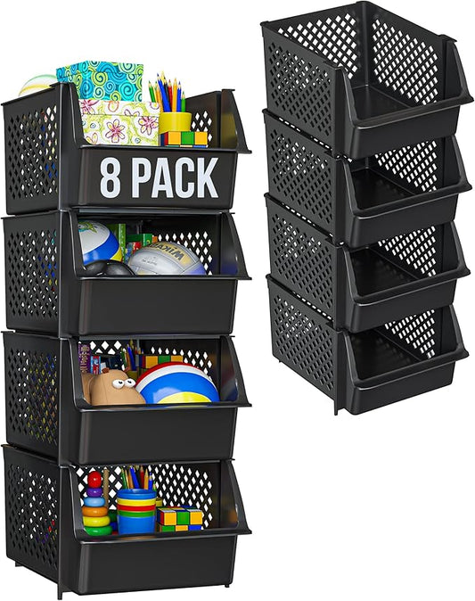 TidyFriend Stackable Storage Bins for Pantry - 8 Pack Stackable Bins for Organizing Food, Kitchen, and Bathroom Essentials (Black)