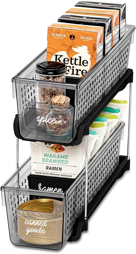 Madesmart Mini 2-Tier Plastic Multipurpose Organizer with Divided Slide-Out Storage Bins, Compact Under Sink and Cabinet Organizer Rack, Carbon