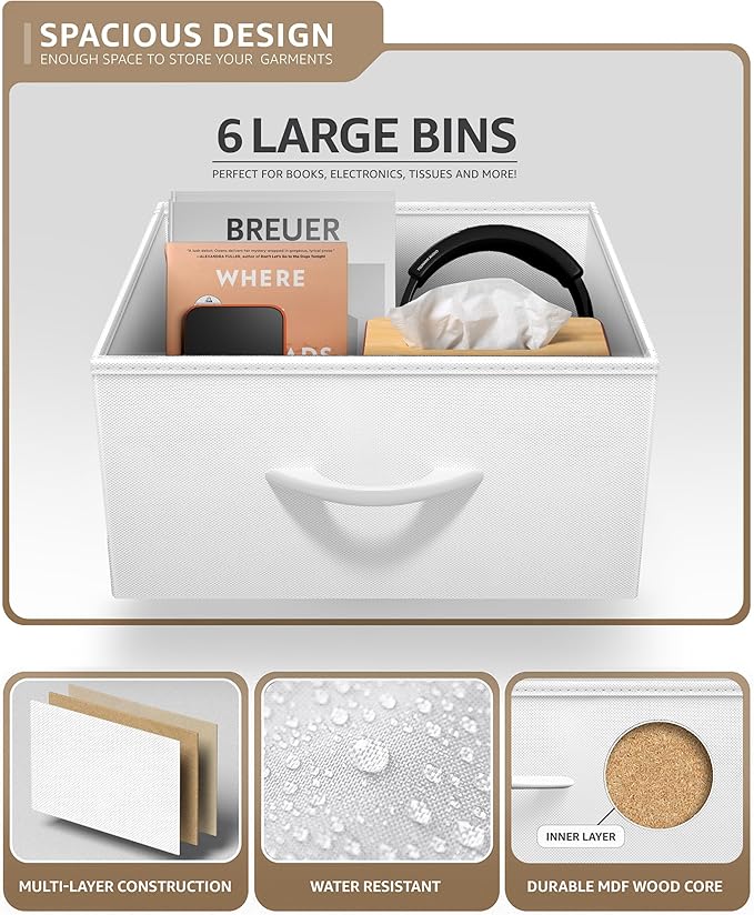 Sorbus Fabric Dresser for Kids Bedroom - Chest of 6 Drawers, Tall Storage Tower, Clothing Organizer, for Closet, for Playroom, for Nursery, Steel Frame, Fabric Bins - Wood Handle (White)